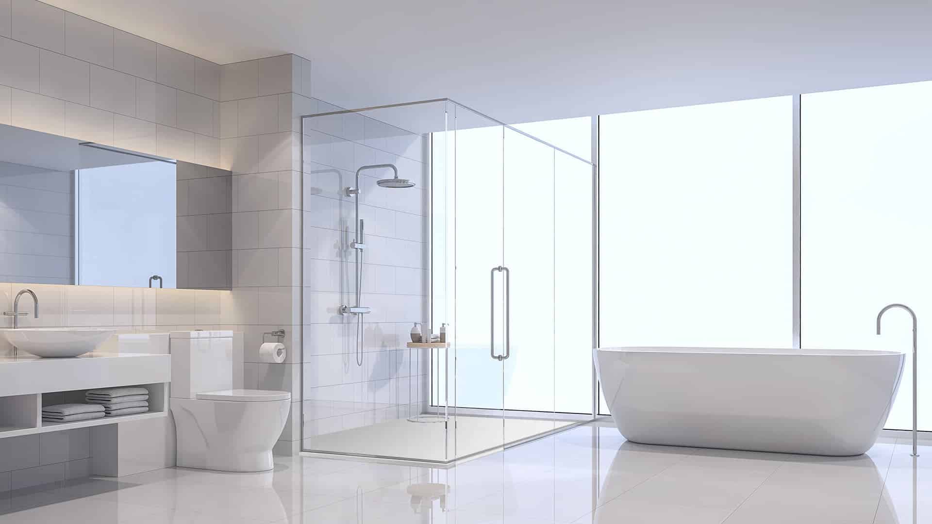 Luxury spa-style bathroom with glass shower enclosure