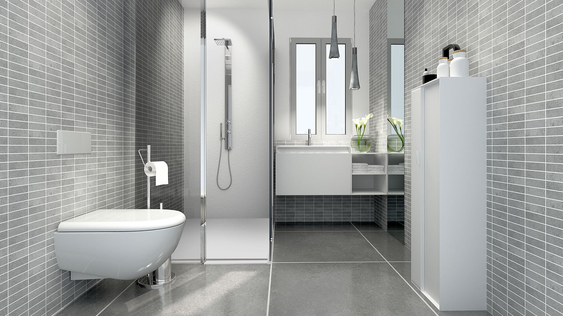 Accessible curbless shower with modern tile design